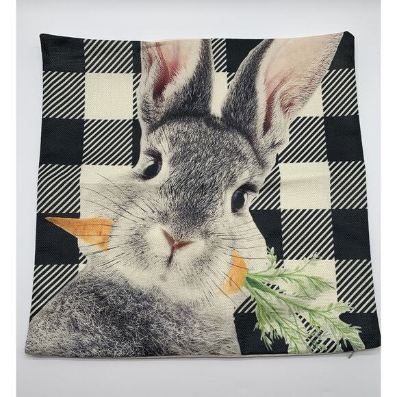 Rabbit Bunny with Carrot Black White Check Pillow Cover Hidden Zipper Easter - Picture 1 of 5